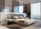 grey bed with luxurious marble headboard