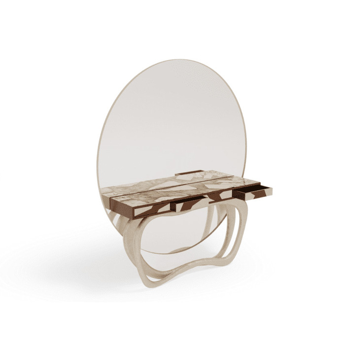 round mirror and walnut top console