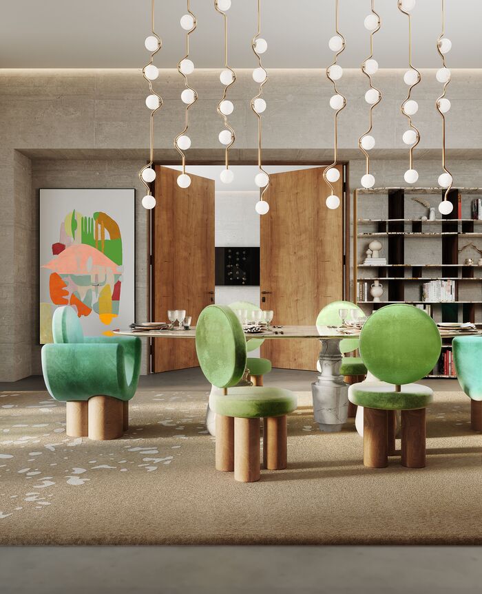 contemporary dining area with green tones