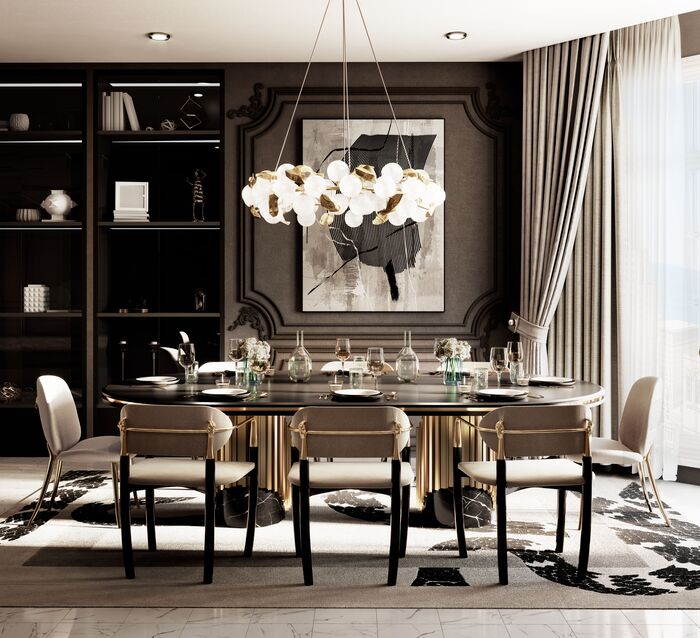 luxurious dining space with contemporary chandelier