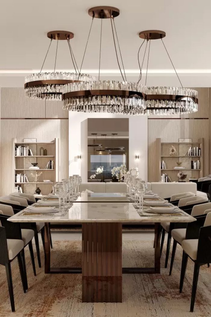 luxury dining room with luxurious chandelier