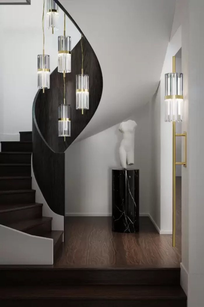 dark staircase with lighting pendants