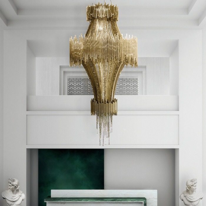 neutral living room with luxurious chandelier
