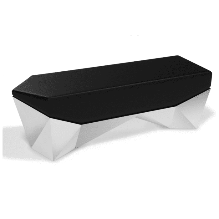 polished stainless steel and leather bench